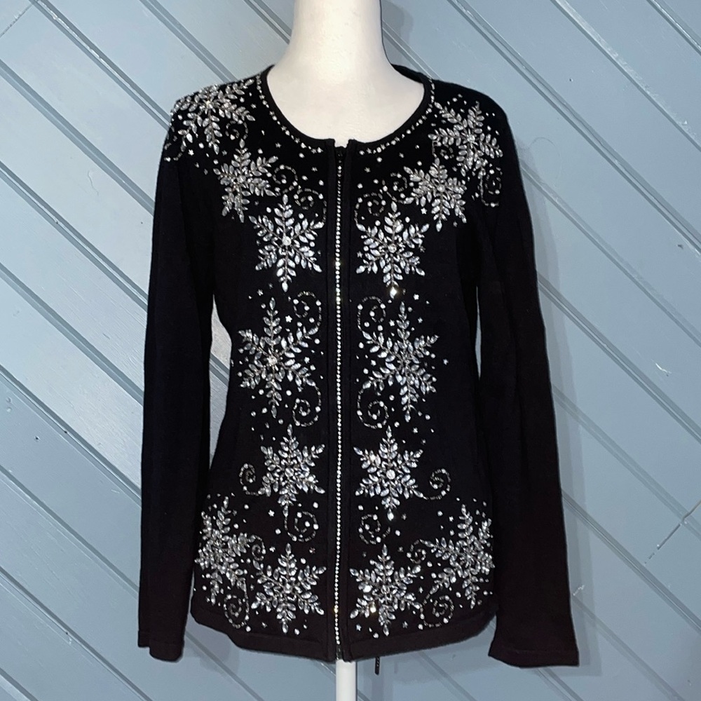 Vintage 90’s Berek black silver winter theme beaded zip up knit cardigan